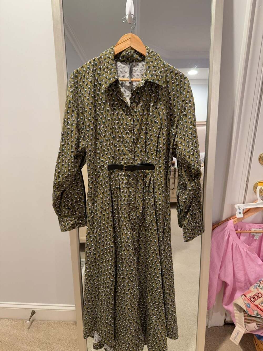 Anthropologie Olive Green Printed Midi Dress